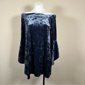 Blue Crushed Velvet Off Shoulder Bell Sleeve Tunic Dress Top Large Witchy Goth